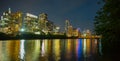 Austin Texas sunset over during clear sky summer evening as the sun across the skyline cityscape downtown.