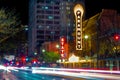 Austin, TX--Jan 9, 2019; time exposure of car lights streaking past the Paramount and State theaters, music venues, in downtown