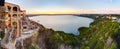 Austin, TX/USA - circa February 2016: Panorama of Lake Travis from The Oasis restaurant in Austin, Texas at sunset Royalty Free Stock Photo