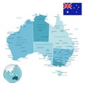 Australia administrative blue-green map with country flag and location on a globe Royalty Free Stock Photo