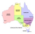 Australia administrative map with states and capitals of the states. Colored. Vector