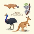 Australia animals collection of brown kangaroo, grey koala and duckbilled Royalty Free Stock Photo