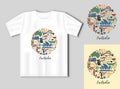 Australia attractions. Flat icons in the shape of a circle. Travel concept with t-shirt mockup