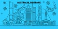 Australia, Brisbane winter holidays skyline. Merry Christmas, Happy New Year decorated banner with Santa Claus.Flat