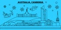 Australia, Canberra winter holidays skyline. Merry Christmas, Happy New Year decorated banner with Santa Claus.Flat