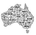 Australia cartoon travel map vector illustration. Hand drawn doodle australian city names lettering and cartoon landmarks, tourist Royalty Free Stock Photo