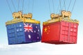 Australia China dtrade war. Cargo shipping contaners with flags of Australia and China