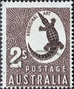 AUSTRALIA-CIRCA 1948 : A post stamp printed in Australia showing an Aboriginal art - Johnston`s Crocodile. King George VI Definit