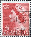 AUSTRALIA-CIRCA 1953: A post stamp printed in Australia showing a portrait of Queen Elizabeth II Definitive 1953-1956