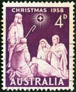 AUSTRALIA - CIRCA 1958: A stamp printed in Australia from the `Christmas` issue shows the Nativity, circa 1958.