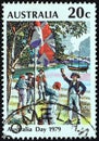 AUSTRALIA - CIRCA 1979: A stamp printed in Australia shows Raising the Flag, Sydney Cove, 26 January 1788, circa 1979.