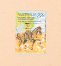 A stamp printed in Australia shows a scene of Waltzing Matilda, circa 1980 Royalty Free Stock Photo