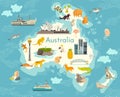 Australia continent, world vector map with landmarks cartoon illustration Royalty Free Stock Photo