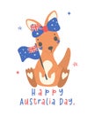 Australia day with adorable baby kangaroo cartoon animal waving nation flag Royalty Free Stock Photo