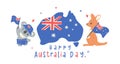 Australia Day banner, Adorable animal baby kangaroo and koala cartoon animal with map and fla Royalty Free Stock Photo