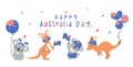 Australia Day banner, Group of animal baby kangaroos and koalas cartoon animal with balloons and fla Royalty Free Stock Photo