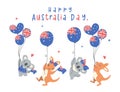 Australia Day banner, group of animal baby kangaroos and koalas cartoon animal with balloons flag Royalty Free Stock Photo