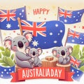 Australia Day celebration, celebrated every year on January 26th, happy koalas and flags