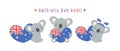 Australia day koalas with heart flag in heart shape, group of baby animal celebrate Australian Nation day cartoon hand drawing. Royalty Free Stock Photo