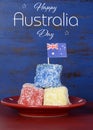 Australia Day red, white and blue lamingtons with sample text