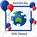 Australia Day, 26th January greeting card with balloons, Australia map globe, clouds and text.