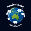 Australia Day, 26th January greeting card with Australia map globe, clouds and text.