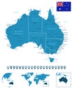 Australia - detailed blue country map with cities, regions, location on world map and globe. Infographic icons Royalty Free Stock Photo