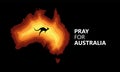 Australia fire. Social poster about climte cataclysm. Kangaroo runs from the fire on a background of the map of
