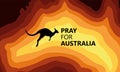 Australia fire. Social poster about climte cataclysm. Kangaroo runs from the fire on a background of the map of