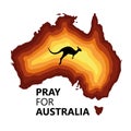 Australia fire. Social poster about climte cataclysm. Kangaroo runs from the fire on a background of the map of Royalty Free Stock Photo