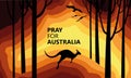 Australia fire. Social poster about climte cataclysm. Kangaroo runs from the fire on a background of the map of