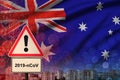 Australia flag and Coronavirus 2019-nCoV alert sign. Concept of high probability of novel coronavirus outbreak through traveling