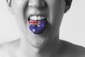 Australia flag painted in tongue of a man - indicating English language and Australian accent speaking Royalty Free Stock Photo