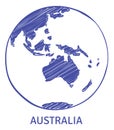 Australia on globe. World map sketch in pen ink style Royalty Free Stock Photo