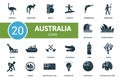Australia icon set. Collection contain kangaroo, koala, boomerang, opera, australia and over icons. Australia elements set