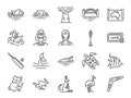 Australia icon set. Included icons as Australian aboriginal, indigenous, kangaroo, koala bear, surfing, Sydney and more.