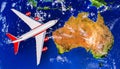 Australia Island with airplane or airliner top view. 3D rendering illustration. Flight to Australia, travel and transportation