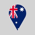 Australia location pin, gps marker with australian national flag color, made in Australia symbol, find us sign, vector