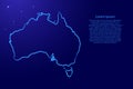 Australia map from the contour blue brush lines different thickness and glowing stars on dark background. Vector illustration