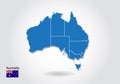 Australia map design with 3D style. Blue australia map and National flag. Simple vector map with contour, shape, outline, on white Royalty Free Stock Photo