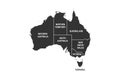 Australia map divided by regions and territories. Black mapof Australian continent and Tasmania island. Vector