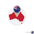 Australia map and flag in circle. Map of Australia, Australia flag pin. Map of Australia in the style of the globe Royalty Free Stock Photo