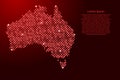 Australia map from red pattern rhombuses of different sizes and glowing space stars grid. Vector illustration