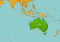Australia map showing country highlighted in green color with rest of Asian countries in brown and Ocean in blue