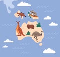 Australia map with wild Australian animals. Wildlife, fauna, mammals on South. Cute kangaroo, emu ostrich, koala bear