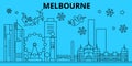 Australia, Melbourne winter holidays skyline. Merry Christmas, Happy New Year decorated banner with Santa Claus.Flat