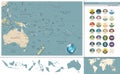 Australia and Oceania detailed retro map and flat icon set