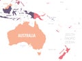 Australia and Oceania map. High detailed political map of australian and pacific region with country, ocean and sea