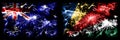 Australia, Ozzie vs Seychelles, Seychelloise New Year celebration sparkling fireworks flags concept background. Combination of two