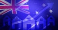 Australia property market high prices concept background with glowing homes and arrows going up. Royalty Free Stock Photo